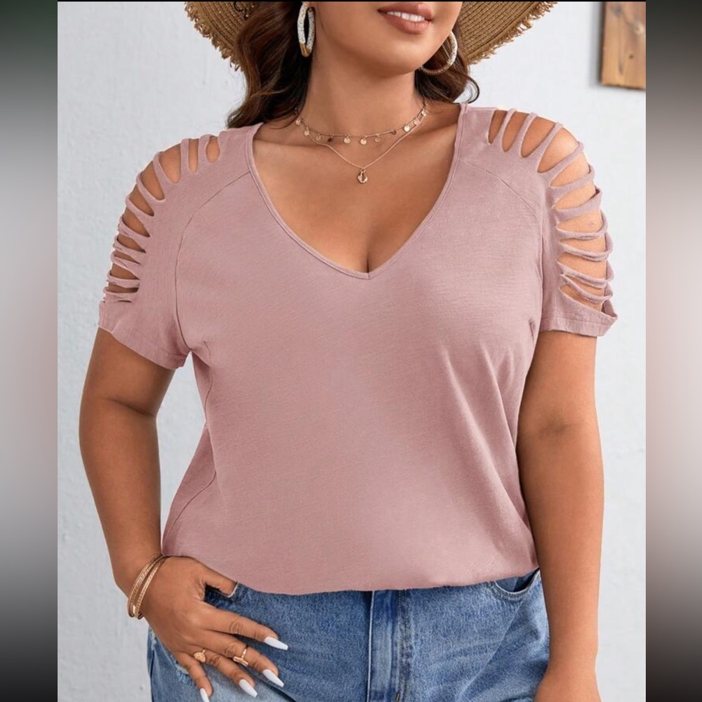 Boho pink plus size cutout sleeve blouse